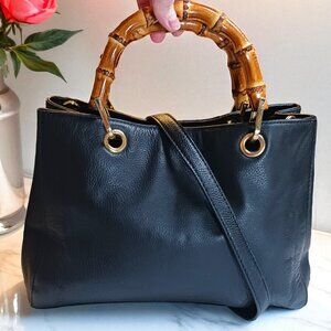 Emma Fox Black Pebbled Leather Handbag Bamboo Handles Removable Crossbody Strap